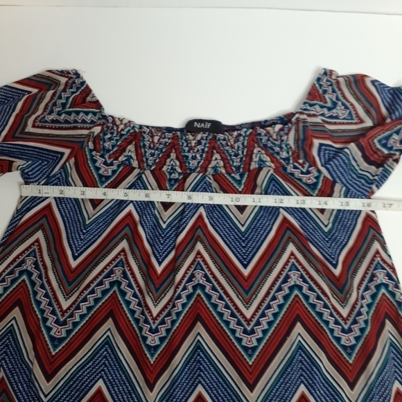 Naif Woman's Chevron Print Flounce Sleeves Smocked Neck Shift Tunic Dress Size S - Picture 10 of 16